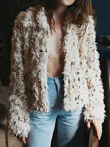 Women Y2k Sequin Long Sleeve Top Sparkly Glitter Faux Fur Feather Cropped Jacket Open Long Sleeve Fall Winter Shiny Party Sweaters - Màu be - Xem 4