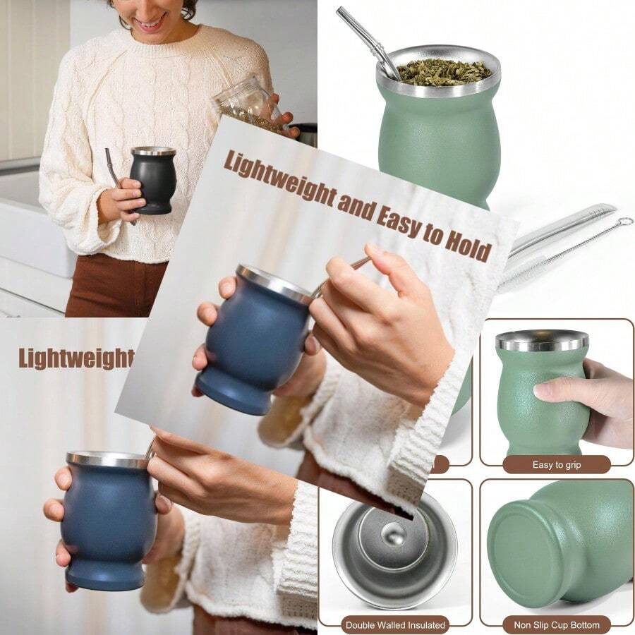 Yerba Mate Cup 8 Oz Yerba Mate Gourd And Bombilla Straw Set Stainless Steel Double Wall Vacuum Insulated Tea Cup Green