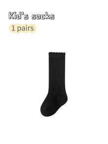 1 Pair Girls' Solid Color Knee High Socks With Ruffle Trim, Autumn/Spring