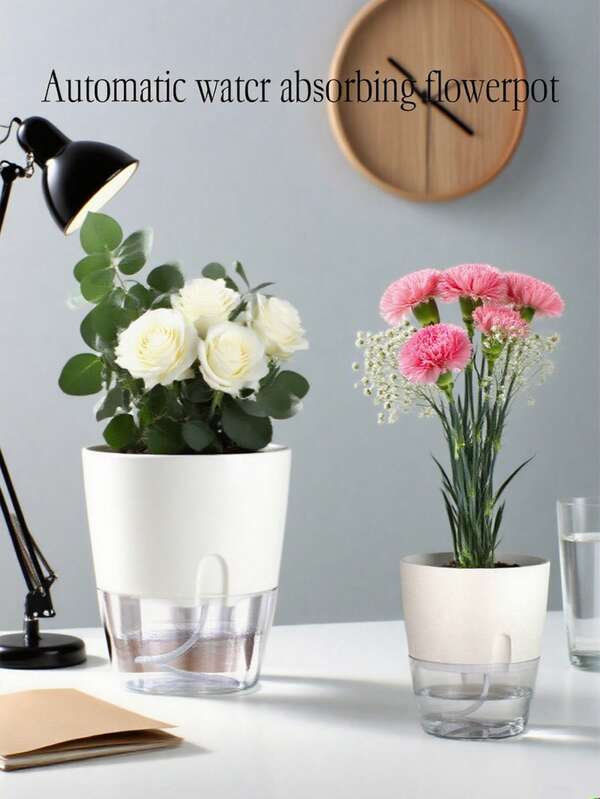 1 件/2 件自动浇水塑料花盆双层水培植物盆景花瓶多肉植物盆栽花槽家居办公室装饰