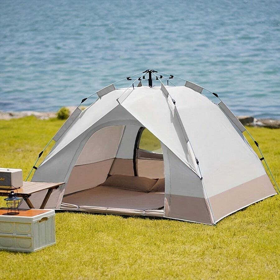 3-4 Person Automatic Pop-Up Tent With Fiberglass Pole, Square Oxford Cloth Camping Shed, Quick-Set 3 Second Design, All-Season Waterproof Zip Open And Close For Camping, Travel And Beach - 米白色-兩門無窗 - 查看 1