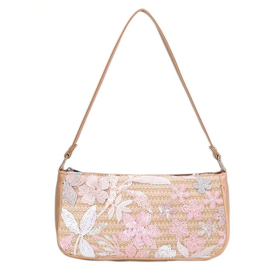 SLANGO Sparkling Floral Embroidered Crossbody Bag - Women's PU & Sequin Underarm Shoulder Purse, Fashion Bohemian Flower Handbag - 粉色 - 查看 1