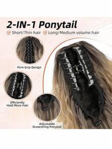 28英寸长波浪卷发马尾夹式接发，多层耐热合成纤维，波浪卷发耐热纤维假发，男女通用，易于佩戴，黑棕色长款接发，适合派对和日常造型，适合所有肤色，基础款，高温纤维，外观自然。 - 漸變金色 - 查看 4