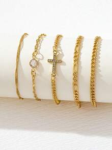 5pcs Elegant Cubic Zirconia Cross Decor Multi-Layer Bracelet, Suitable For Women's Party, Gathering, Daily Wear, Holiday Gift