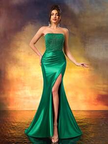 Beaded Strapless Formal Evening Dress Fine High Heeled Front Split Party Dress Elegant Evening Gown For Party,Wedding Guest,Celebration,Anniversary