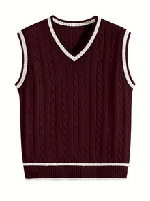 Men's Autumn/Winter Preppy Style Striped Colorblock Knit Vest, Casual Versatile Business Commute Sweater - Burgundy - View 2