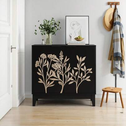 80 Vintage Sideboard With Carved Knobs, Decorative Sideboard With 2 Doors And Adjustable Shelves, Decorative Wooden Cabinet With Storage For Living Room, Kitchen, Dining Room