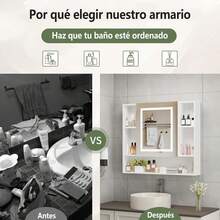 Espejo para botiquín con luz LED, Armario de Almacenamiento para baño montado en la Pared, Armario con Espejo de tocador Estilo Granja para baño, 70 x 13,5 x 62 cm - Blanco - Ver 6