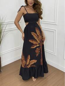 Sophisticated Long Dress Beach Plants Leaf Floral Openwork Formal And Evening - màu đen - Xem 1