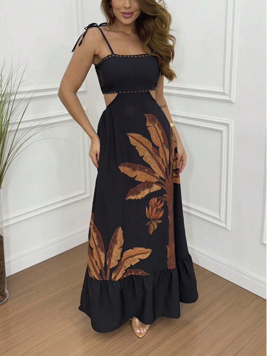 Sophisticated Long Dress Beach Plants Leaf Floral Openwork Formal And Evening - màu đen - Xem 1
