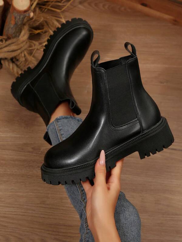 Women's Black Chunky Heel Fashionable & Comfortable Ankle Chelsea Boots, Elastic PU Leather Casual Short Boots, Upgraded Craftsmanship Design, Increased Foot Comfort, Leopard Print Contrast Color Fashion Design, Highlighting Elegant And Intellectual Beauty, Classic Versatile, Essential Black Short Boots For Autumn/Winter Season