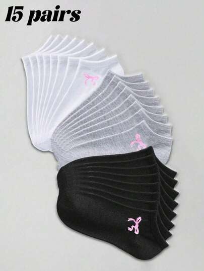 15 Pairs Women's Bow Pattern Socks, Sports Socks, White/Black/Gray Short Socks, Invisible Socks, Solid Color Minimalist Fashion, Suitable For Casual Daily Wear