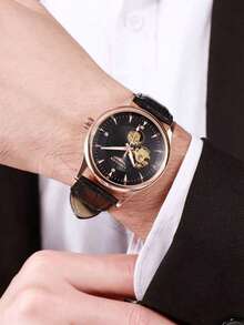 1 chiếc đồng hồ cơ tự động rỗng dành cho nam, kiểu dáng tối giản, dây da, thích hợp làm quà tặng và đeo hàng ngày. - Nhiều màu - Xem 5