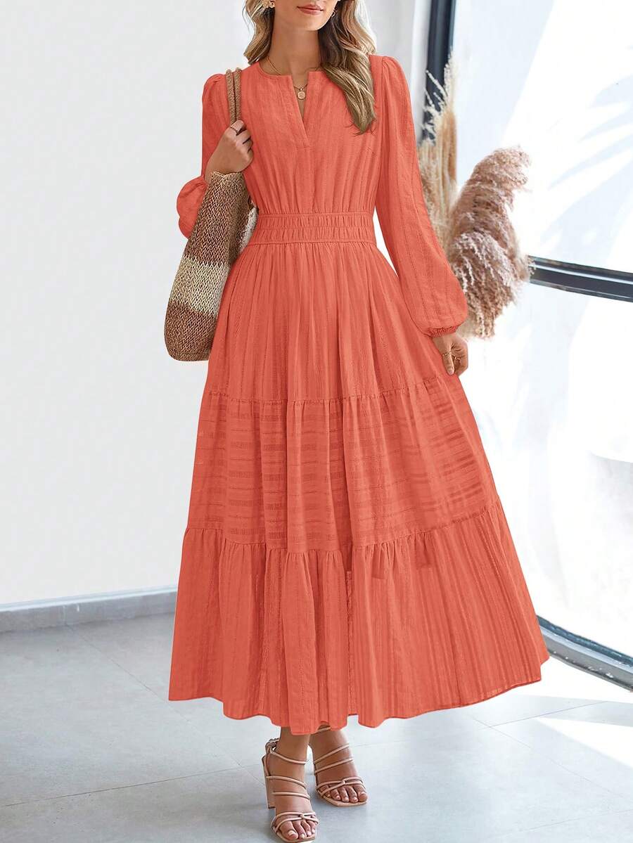 Women Fall Maxi Dresses Long Sleeve High Waist Tiered Flowy A-Line Boho Bohemian Long Dress Beach Holiday Vacation Wedding Guest Valentine Outfit - trái cam - Xem 1
