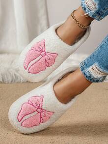 Pink Cute Bow Slip-On Women's Slippers Bow Embroidery Indoor Casual Home Wear Footwear - 粉色 - 查看 4