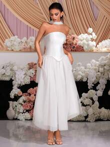 Vestido de fiesta elegante blanco de dos piezas con falda de parche de cinta, cuello halter sin tirantes, cintura alta, espalda descubierta y cordones para graduación, baile de graduación, fiesta de cumpleaños, cita, fiesta de bienvenida, reunión de clase, boda o cena formal