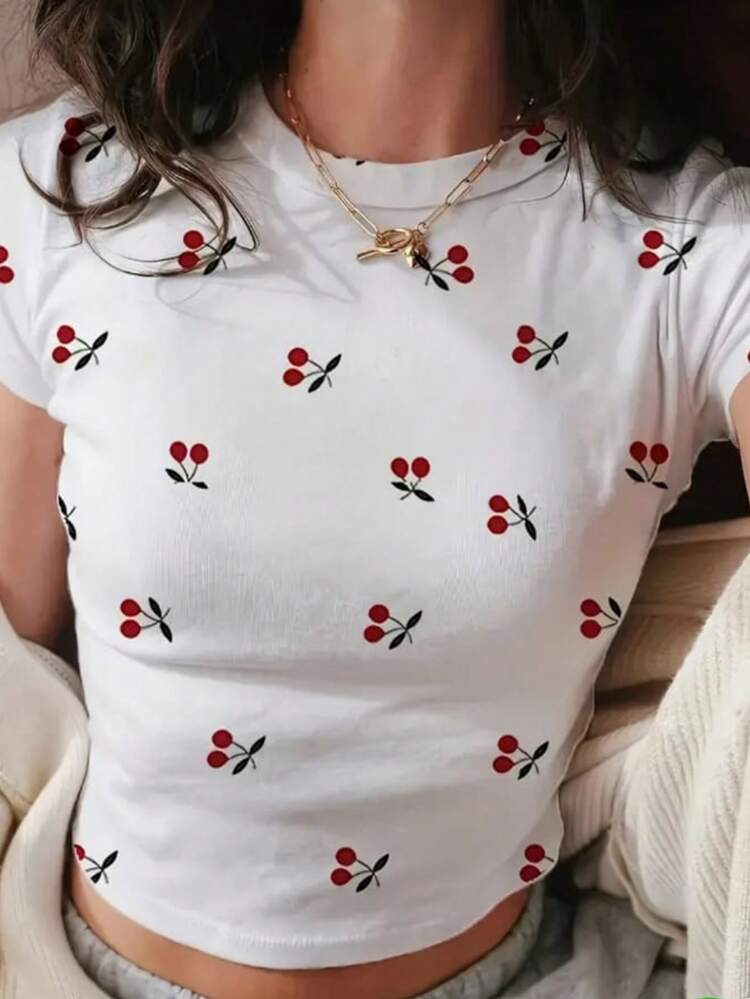 Playera camiseta básica mujer dama cuello redondo manga corta estampado ""MINI CEREZITAS "" parte superior elástica de poliéster primavera/verano uso diario | material no transparente | - Blanco - Añade 1