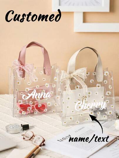 1pc Personalized Bride Gift Bag, Can Print Name, Custom Daisy Bride Bag, Transparent Flower Bride Bag With Ribbon, Bridesmaid Gift