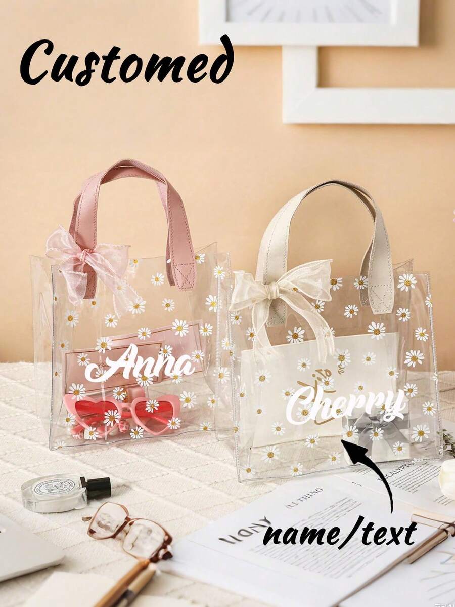 1个个性化新娘礼品袋，可印制名字，定制雏菊新娘袋，透明花朵新娘袋配丝带，伴娘礼物 - 彩色 - 查看 1