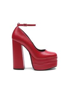 Women's High Chunky Platform Square Toe Heels Pumps Closed Toe Block Ankle Strap Solid Color Dress Fashion Party Y2K Shoes For Fall And WInter - 紅色/PU - 查看 7