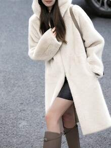 Chaqueta casual de piel sintética con bolsillos y cordón para mujer, de unicolor, de felpa, elegante y de moda para otoño/invierno