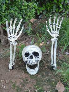 3 pièces Piquets de squelette Décorations d'Halloween - Design réaliste de crâne et d'os, décoration de jardin et d'intérieur en plastique durable, fournitures de fête d'Halloween effrayantes faciles à installer, décoration d'Halloween