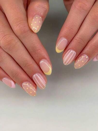 24pcs Oval Studs, French Style, Pink Stripe, Yellow Polka Dot Nail Art Decorations, Suitable For All Seasons (Spring, Summer, Autumn, Winter), DIY Nail Decor For Girls/Women, Applicable For Dates, Daily Life, Parties, Back To School, Etc. Comes With 1 Bottle Of Nail Polish And 1 Nail File For Nail Decoration And DIY Manicure! Nails Nail Supplies