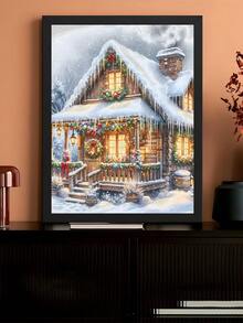 1 pièce Peinture de diamant 5D Cabane de Noël Scène d'hiver, Peinture d'art de diamant avec Maison enneigée de vacances, Outils de peinture de diamant pleine perceuse pour décoration murale de la maison
