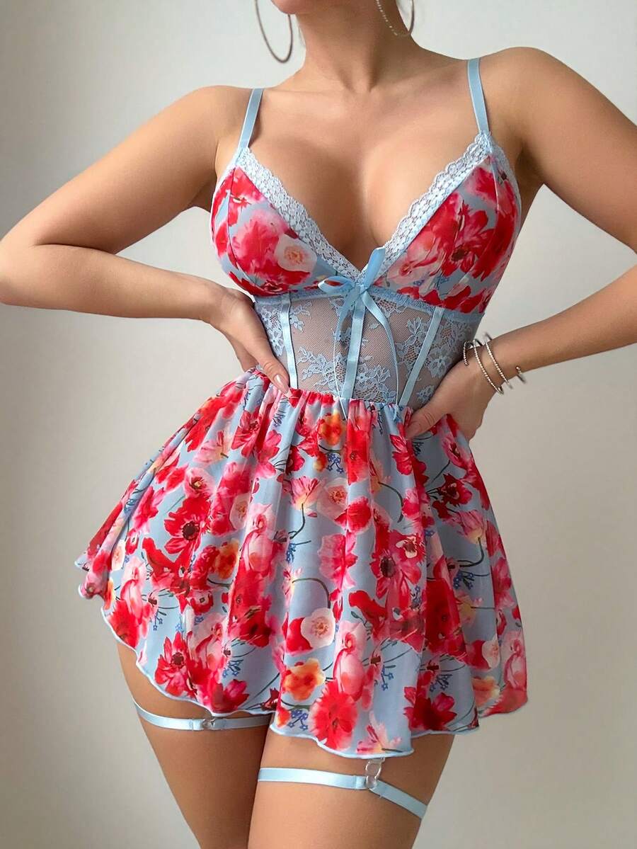 Floral Lace Bow Garter Suspender Nightgown