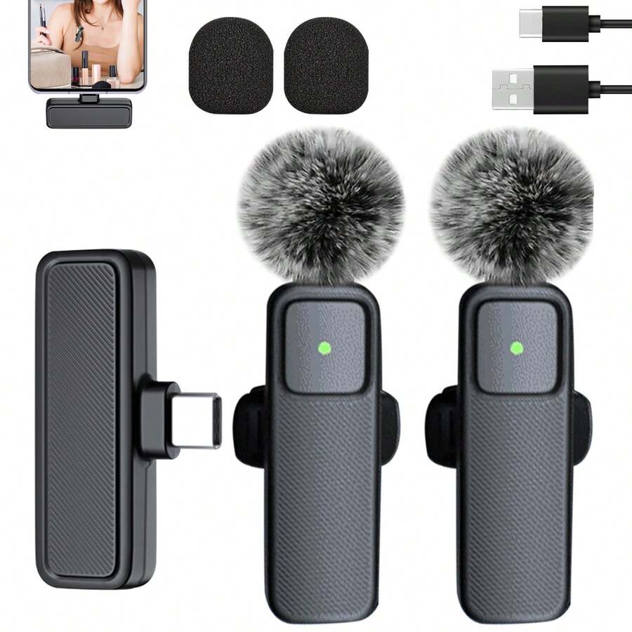 无线领夹式麦克风适用于手机 iPad TypeC 领夹式麦克风即插即用 2.4G 超低延迟内置降噪芯片 8 小时工作时间用于视频录制采访播客 Vlog - 黑色 - 查看 1