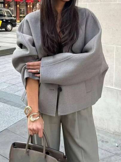 女士休闲纯色外套，百搭日常穿搭，秋冬季