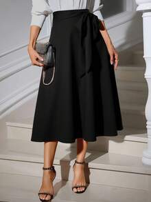 Office Black Midi Skirt - Workleisure High Waist With Bow Accent & Flowy Silhouette, Women's Versatile Textured A-Line Skirt For Fall Commute & Date Nights - 黑色 - 查看 4