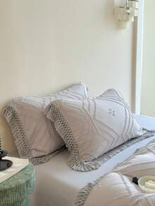 2/3 件浅灰色几何图案簇绒纹理涤纶羽绒被套套装带流苏，波西米亚风破旧别致床上用品套装适合所有季节使用大号双人床，柔软，透气，可机洗（1 个羽绒被套 + 1/2 个枕套，无填充物） - 灰色 - 查看 5