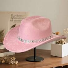 Rhinestone Western Cowgirl Hats Fashionable Elegant Wide Brim Fedora Caps For Women And Men - 粉色 - 查看 4
