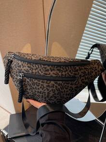 Damen Mode Leoparden Muster Winter Schräge Schulter Hüfttasche, gewebter Reißverschluss Lässig Hüfttasche, Outdoor Sport Crossbody Brusttasche - Kaffeebraun - Übersicht 3