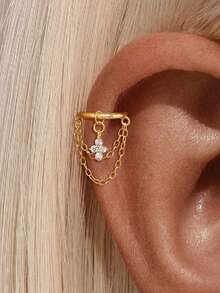 1pc S925 Sterling Silver Ear Cuff Earring, Hypoallergenic Ear Piercing Jewelry, Double Chain Design - Gold - View 10