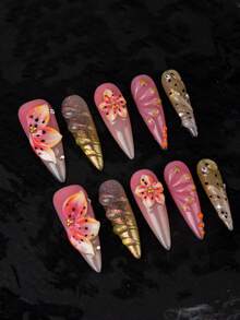 10-Piece Handcrafted Tangerine-Red Long Stiletto Press-On Nails Set Featuring 3D Dimensional Flowers With Glitter Gradient Effect, 3D Water Wave Decorations, Gold Glitter Leopard Print Patterns, And Rhinestone Embellishments. With A Tropical Vibe, It Is Perfect For Daily Wear And Vacations.