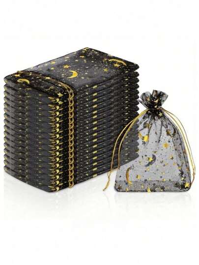 30pcs/50pcs/100pcs Moon & Star Print Drawstring Organza Bags, Gift Packaging Bags (Black & White Options), DIY Gift Bags For Cosmetics, Birthday, Jewelry, Wedding Bride Favors, Souvenirs, Valentine's Day, Christmas, Easter, Graduation, Back To School, Thanksgiving, Holiday Parties, 3.5x4.7 Inches (9x12cm)