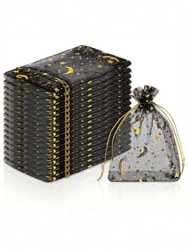 30 peças/50 peças/100 peças de sacos de organza com cordão e estampa de lua e estrela, sacos de presente (opções em preto e branco), sacos de presente faça você mesmo para cosméticos, aniversário, joias, lembrancinhas de casamento, lembranças, dia dos namorados, Natal, Páscoa, formatura, volta às aulas, Ação de Graças, festas de fim de ano, 3,5 x 4,7 polegadas (9 x 12 cm)