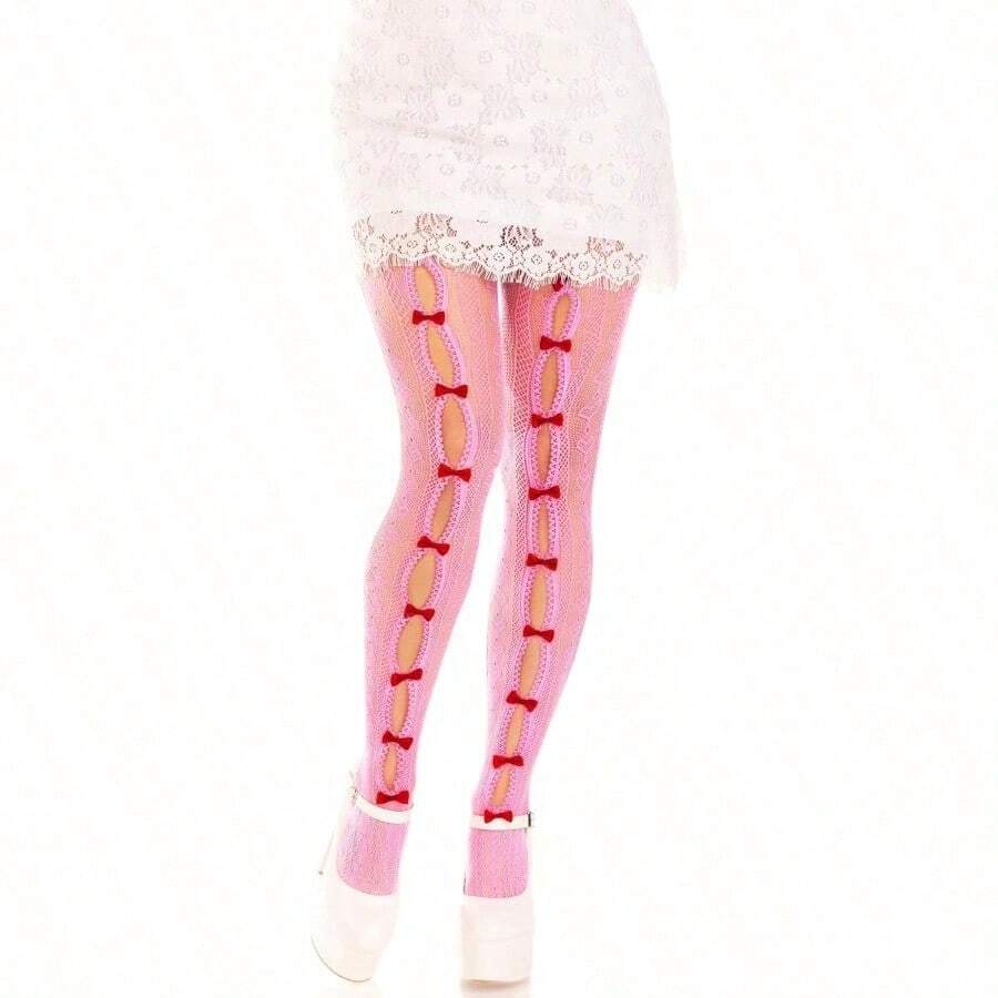 Womens Sweetheart Striped Net Tights With Keyhole And Mini Bow Detail - 粉色 - 查看 1
