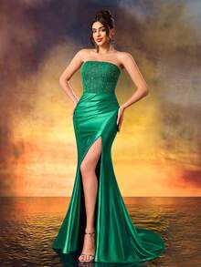 Beaded Strapless Formal Evening Dress Fine High Heeled Front Split Party Dress Elegant Evening Gown For Party,Wedding Guest,Celebration,Anniversary