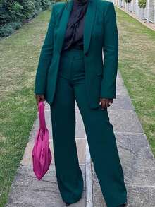 Women's Casual Suit Set With Mandarin Collar Pants, Single Button, Dual Pockets, Comfortable Workwear, Long Sleeve, High Waist Trousers, 2-Piece Suit, Solid Color, Button, Pockets, Office & Daily Wear, Spring, Autumn, Winter - Dark Green - View 1