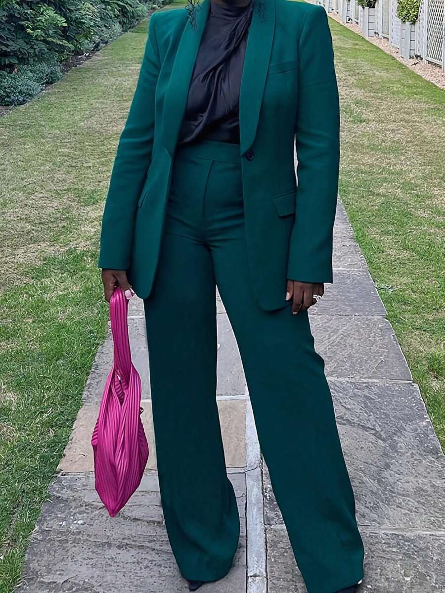 Women's Casual Suit Set With Mandarin Collar Pants, Single Button, Dual Pockets, Comfortable Workwear, Long Sleeve, High Waist Trousers, 2-Piece Suit, Solid Color, Button, Pockets, Office & Daily Wear, Spring, Autumn, Winter - Dark Green - View 1