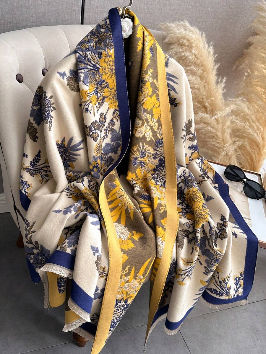 1 pièce Écharpe/Châle en jacquard floral en fausse cachemire pour femme, convient pour une utilisation quotidienne en automne/hiver avec des vêtements - Fleurs jaune marine - Voir 1