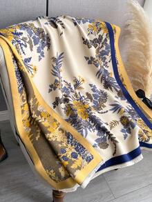 1 pièce Écharpe/Châle en jacquard floral en fausse cachemire pour femme, convient pour une utilisation quotidienne en automne/hiver avec des vêtements - Fleurs jaune marine - Voir 2