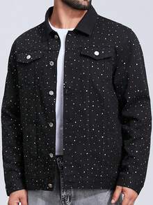 Men's Black Denim Jacket With Rhinestone Embellishment, Suitable For Spring And Autumn - 黑色 - 查看 1