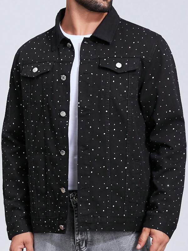 Men's Black Denim Long Sleeve Jacket With Rhinestone Embellishment, Suitable For Spring And Autumn