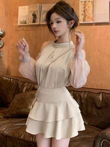 2 件套女士纯色无袖层叠荷叶边下摆宽松休闲露背上衣和裙子，春夏 - 杏色 - 查看 2