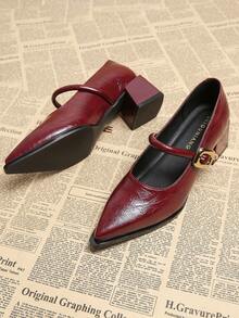 Giày cao gót mũi nhọn, kiểu dáng thấp, mới ra mắt mùa xuân 2026, thanh lịch, tối giản, đa năng dành cho nữ, màu đỏ rượu vang, gót dày. - Màu Đỏ Sâu - Xem 4