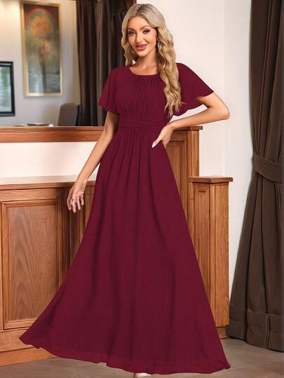 Women's Elegant Crew Neck Empire Waist Pleated Chiffon Maxi Bridesmaid Dress Formal Dress